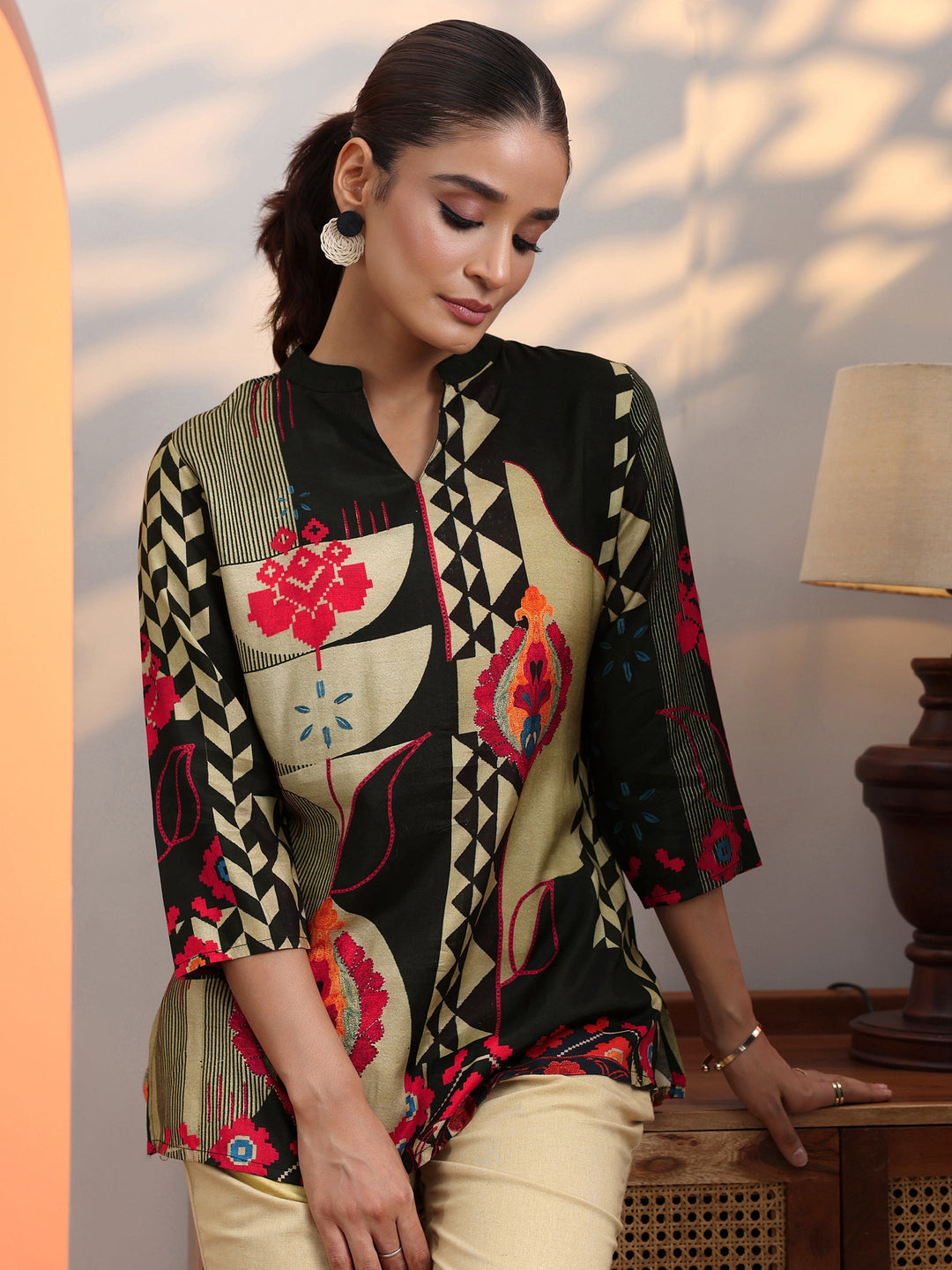 Black Printed Muslin Straight Short Kurti