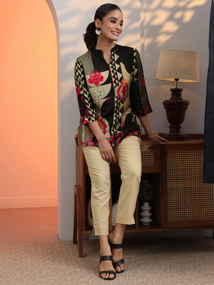 Black Printed Muslin Straight Short Kurti