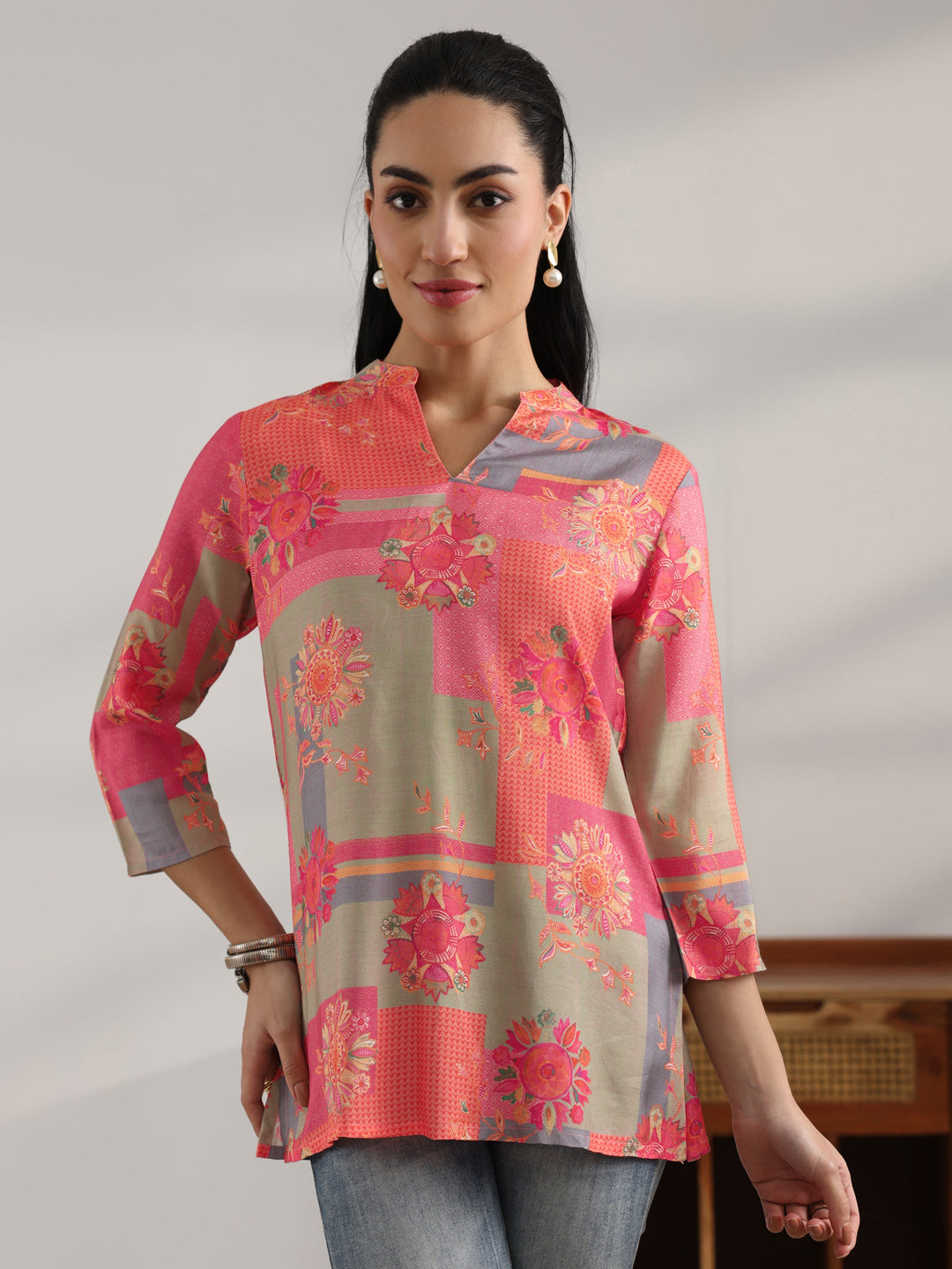 Coral Printed Muslin Straight Short Kurti