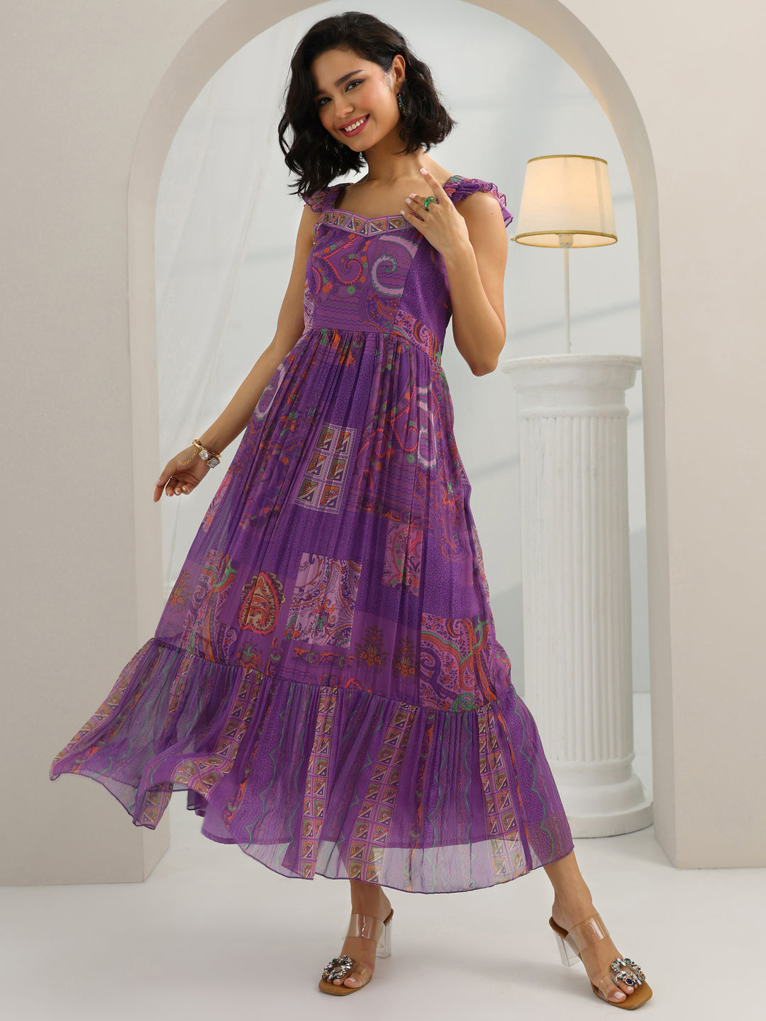 Purple Printed Chiffon Fit And Flare One Piece Dress