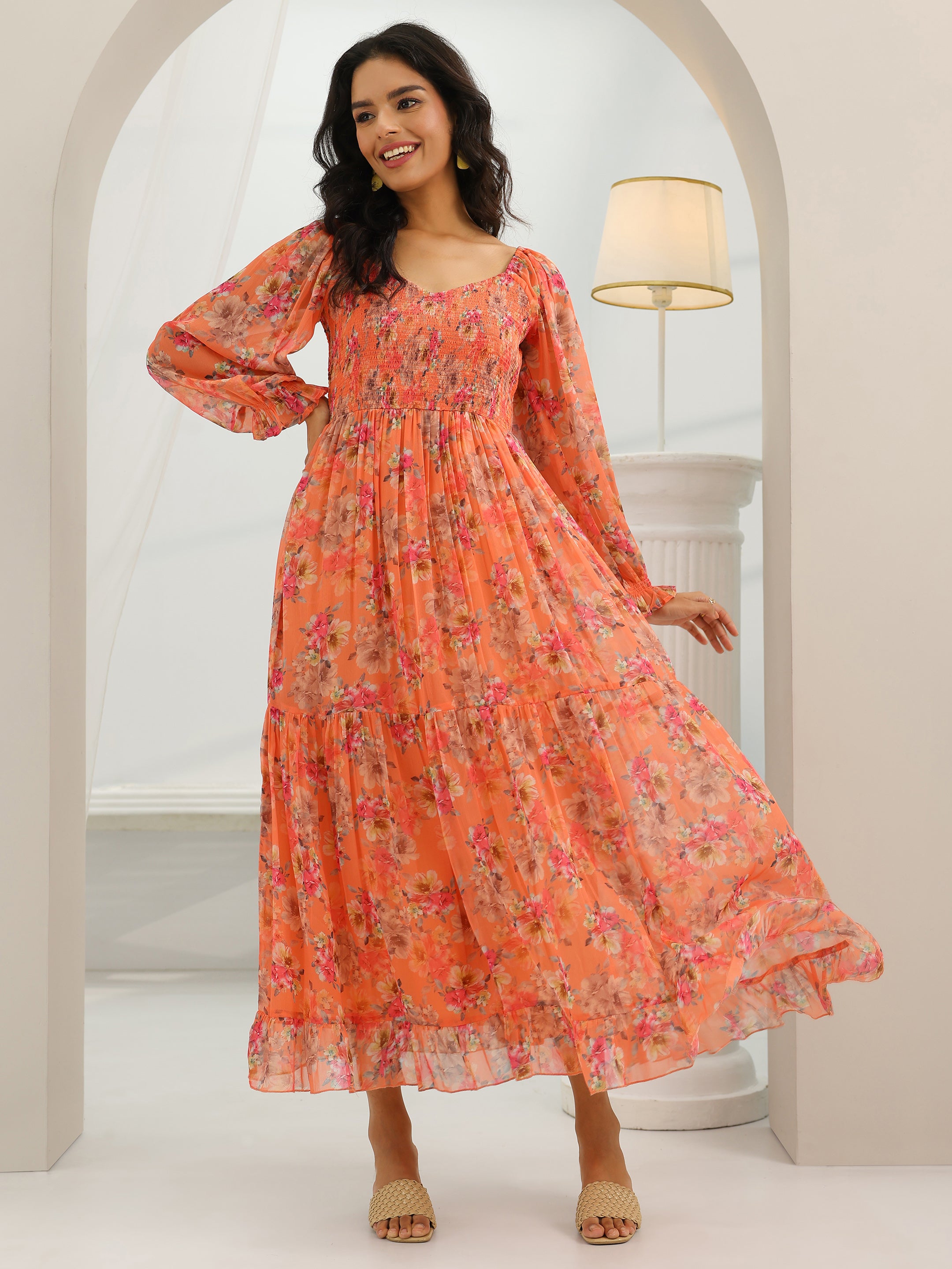 Buy Orange Printed Chiffon Fit And Flare One Piece Dress Online at