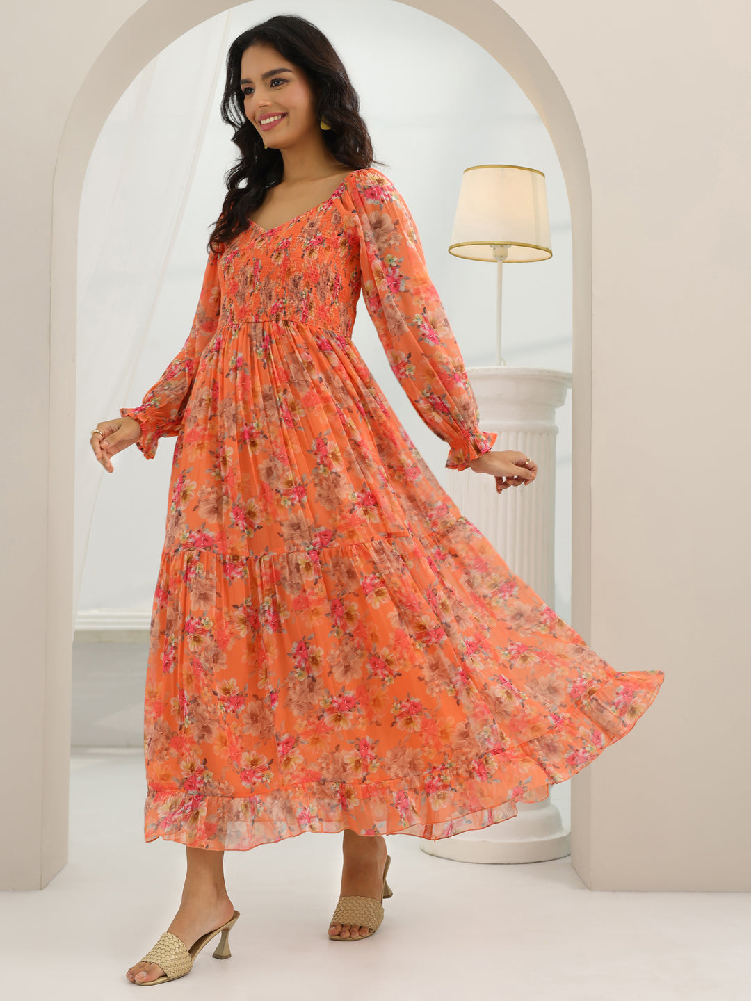 Libas Women Orange Printed Chiffon Fit and Flare One Piece Dress - XL Libas Women Orange Printed Chiffon Fit and Flare One Piece Dress - XL