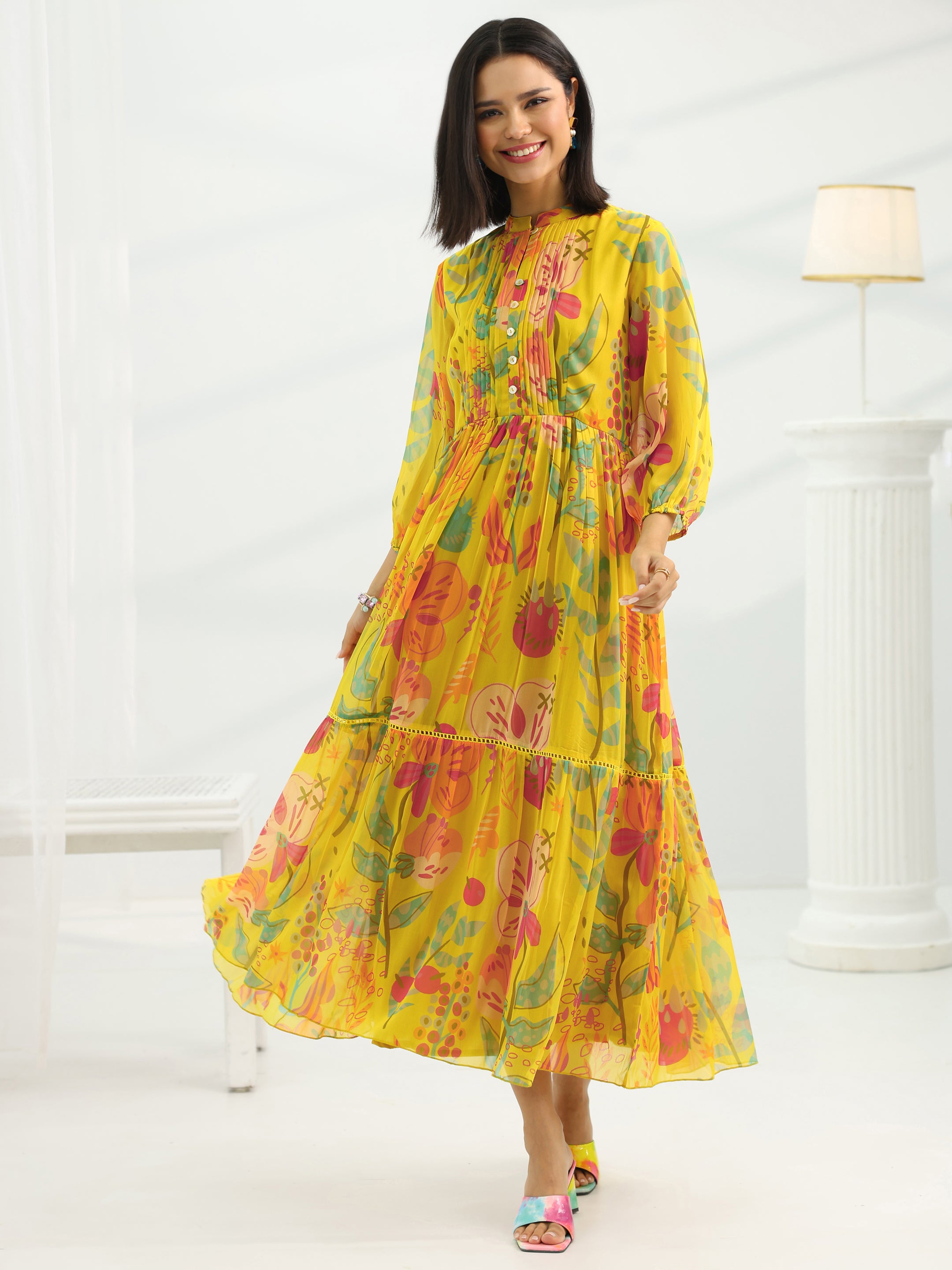 Buy Libas Mustard Printed Chiffon Fit And Flare One Piece Dress