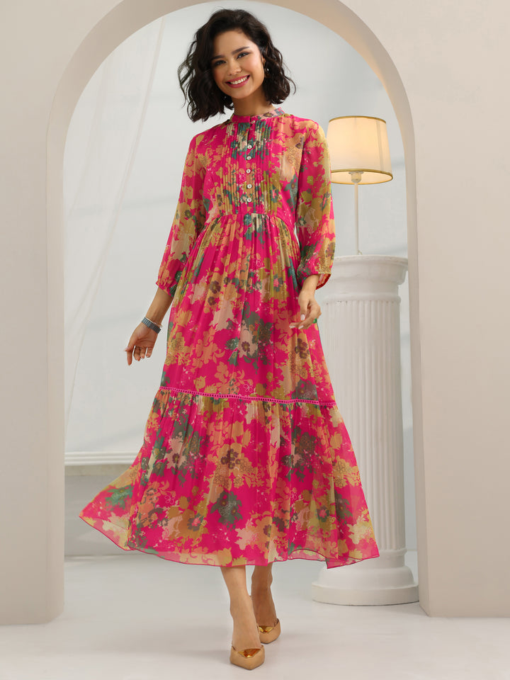 Pink Printed Chiffon Fit And Flare One Piece Dress