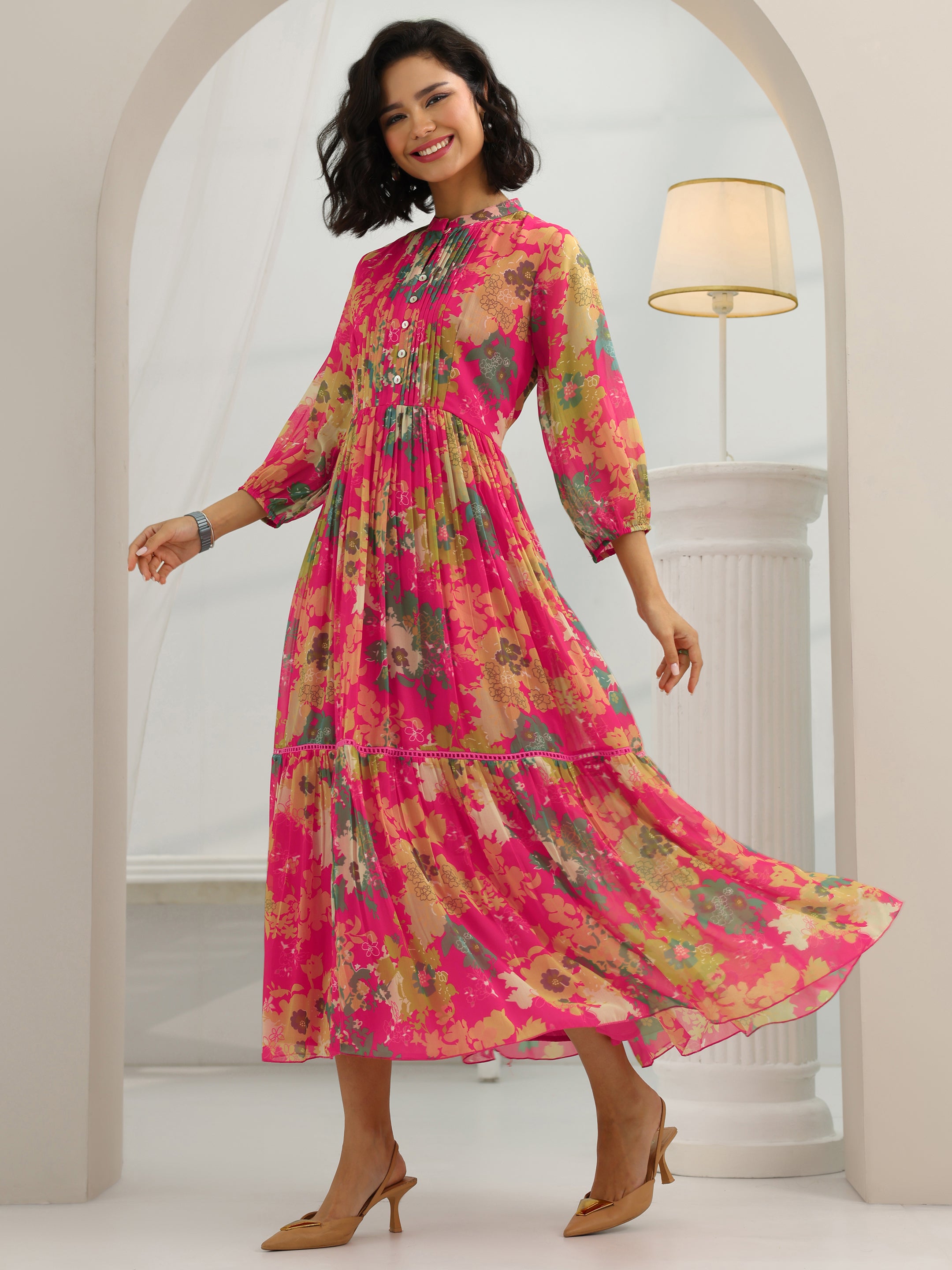 Buy Libas Pink Printed Chiffon Fit And Flare One Piece Dress