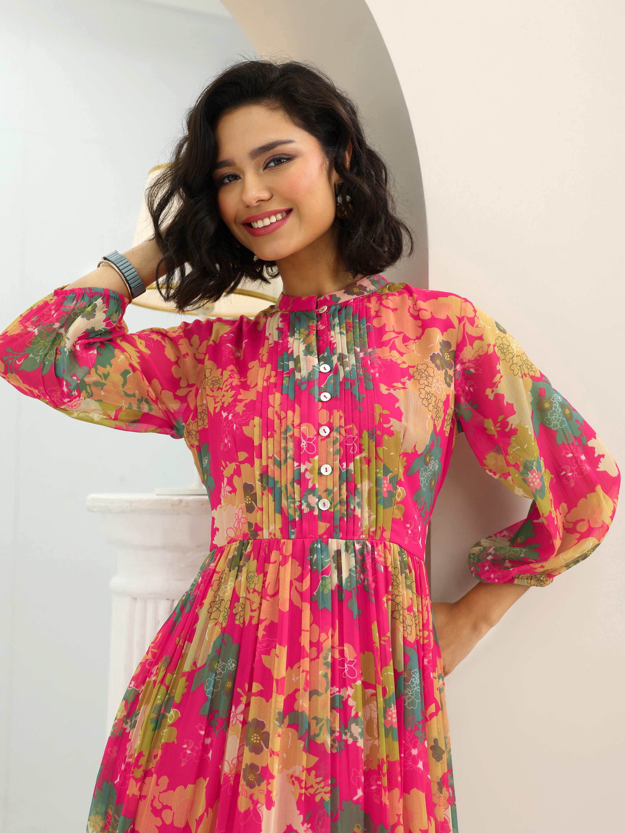 Buy Pink Printed Chiffon Fit And Flare One Piece Dress Online at