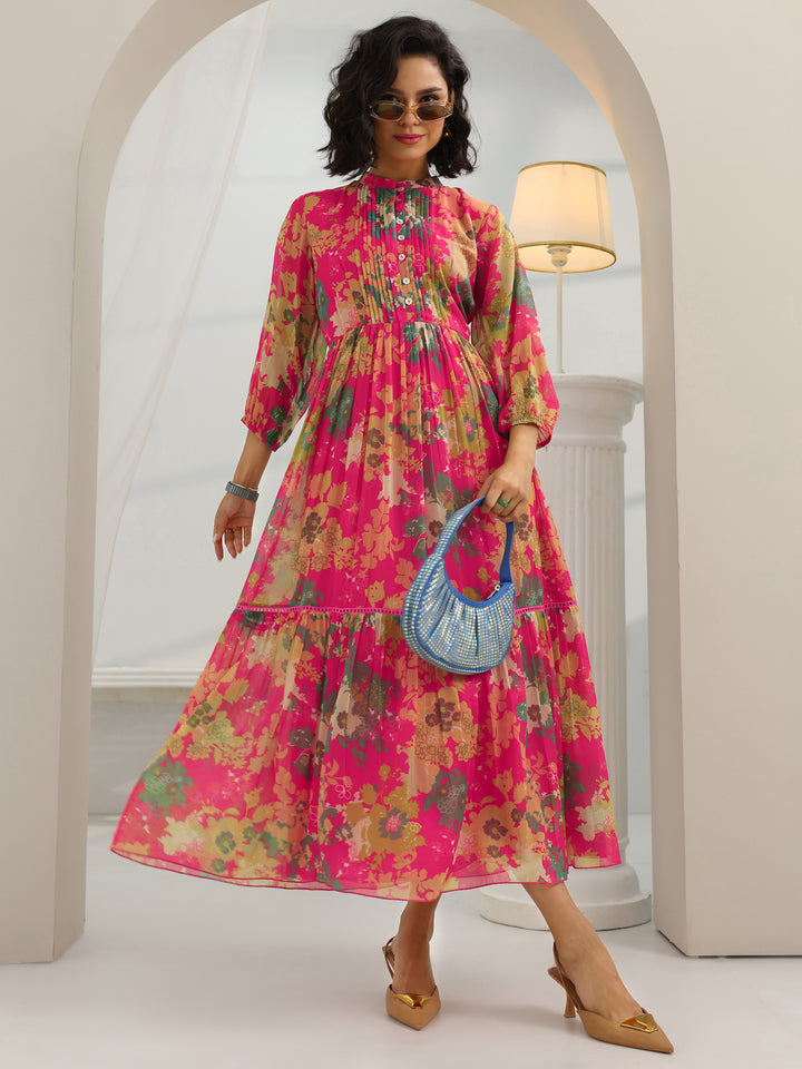 Pink Printed Chiffon Fit And Flare One Piece Dress