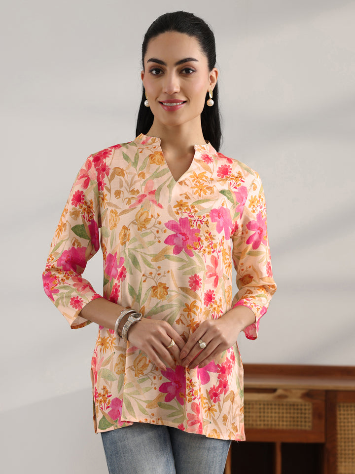 Yellow Printed Muslin Straight Short Kurti
