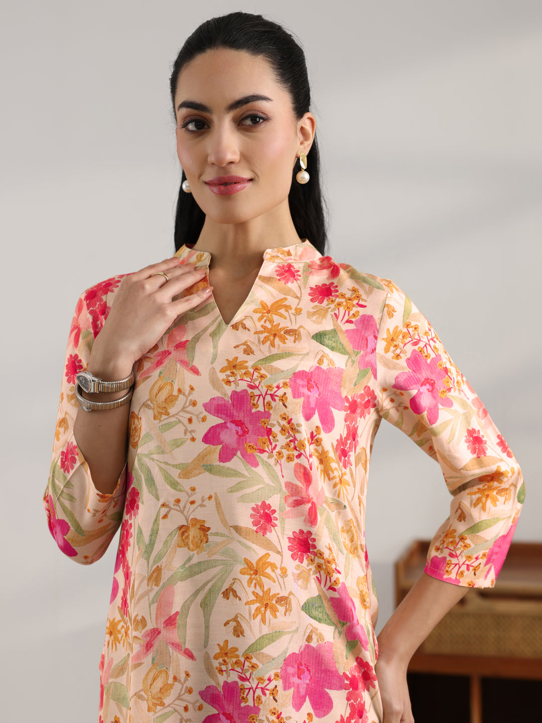 Yellow Printed Muslin Straight Short Kurti
