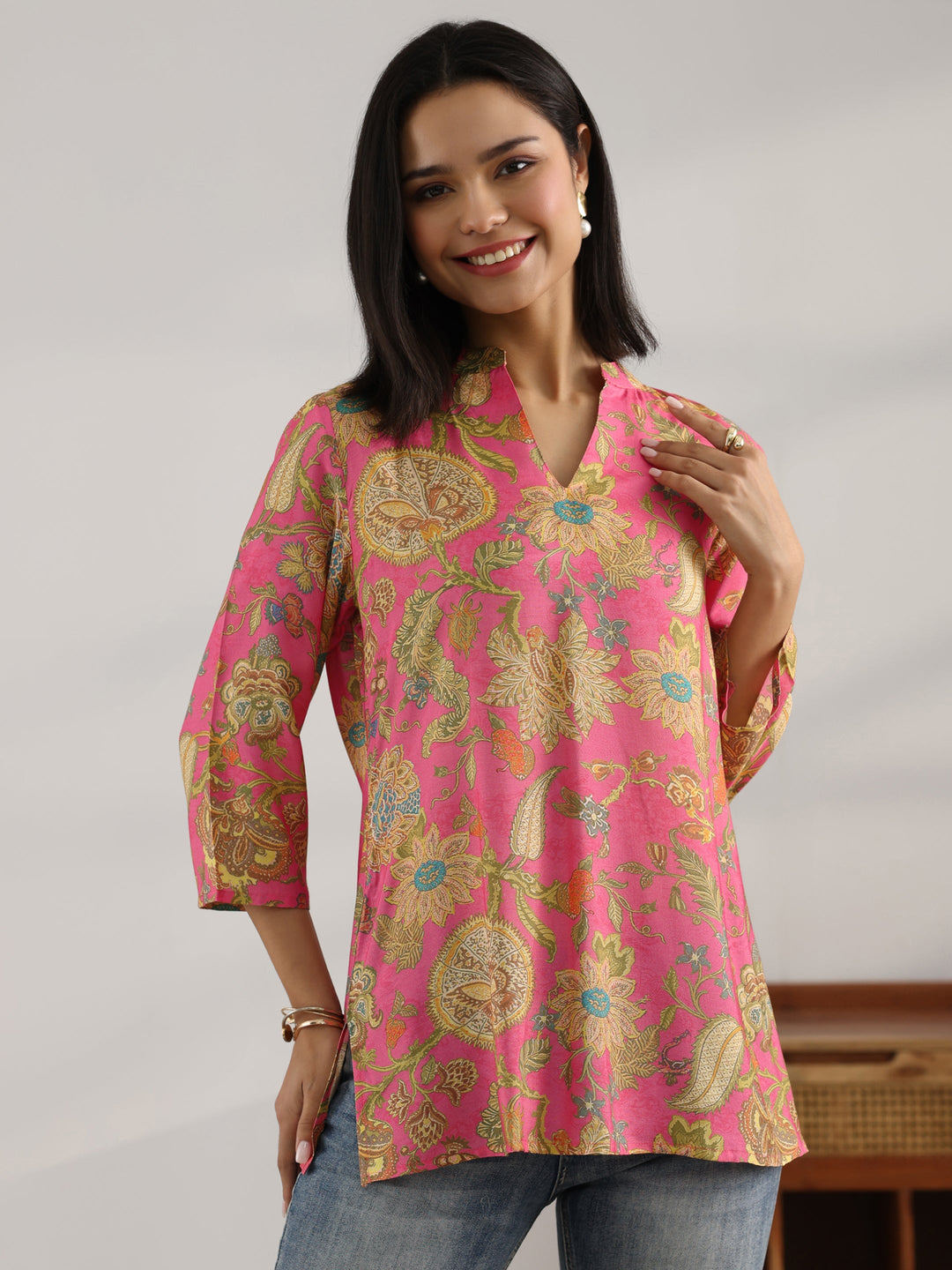 Pink Printed Muslin Straight Short Kurti