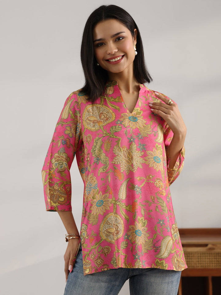 Pink Printed Muslin Straight Short Kurti