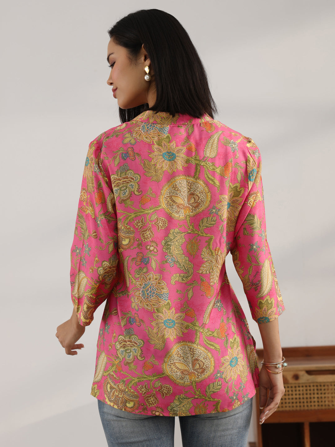 Pink Printed Muslin Straight Short Kurti