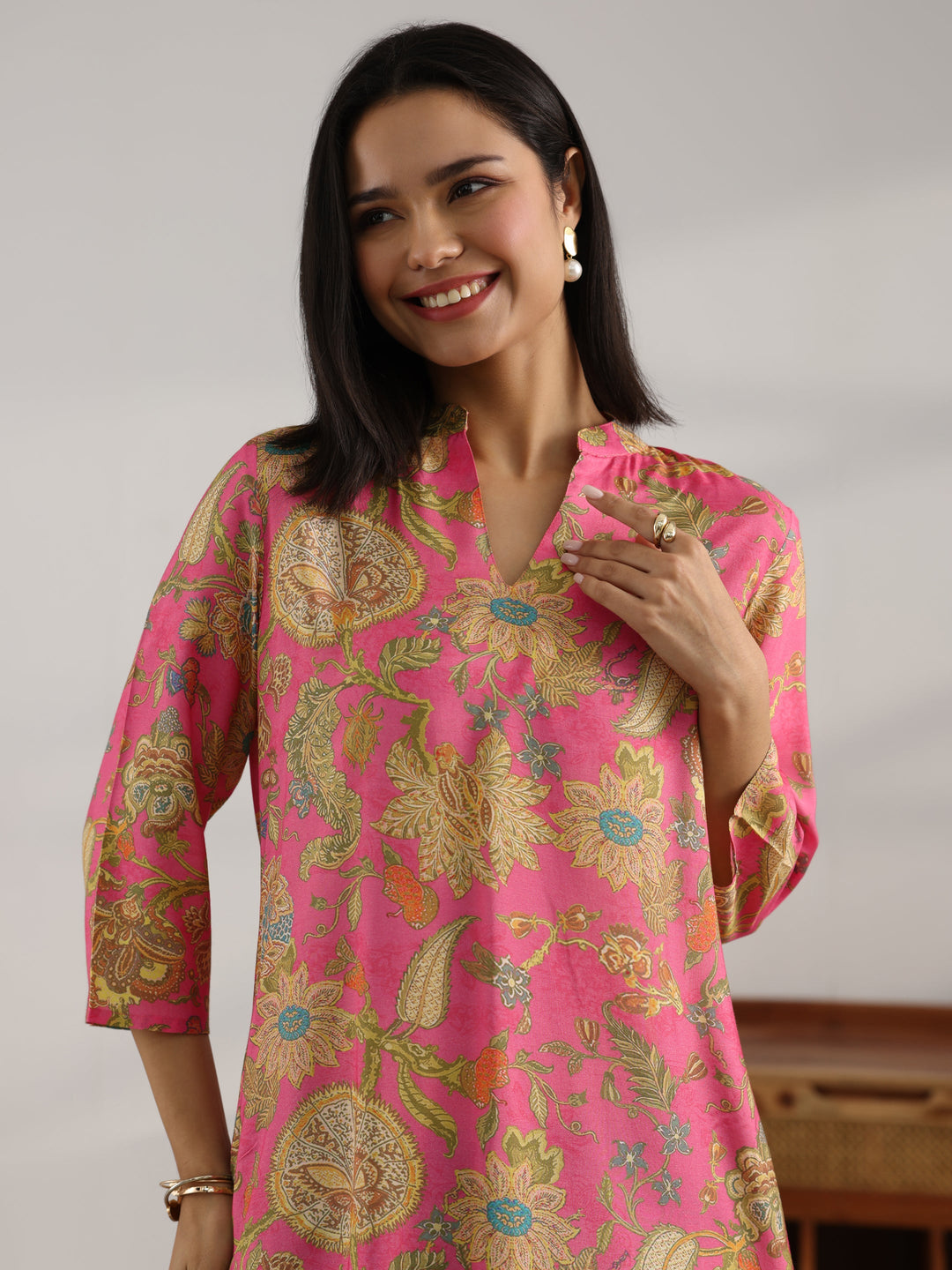 Pink Printed Muslin Straight Short Kurti