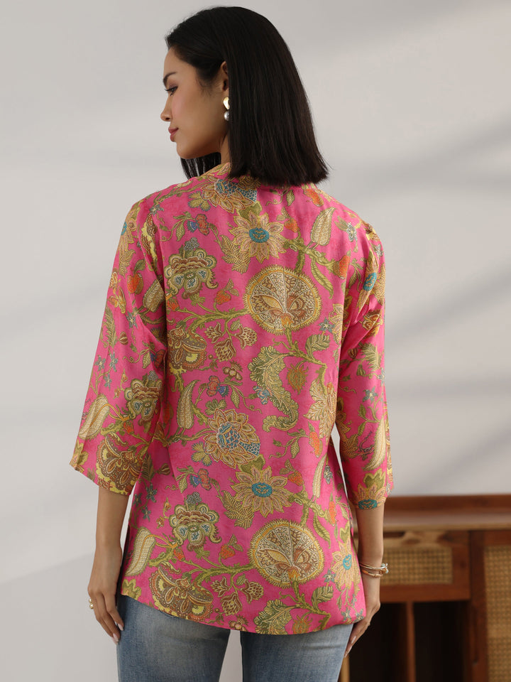 Pink Printed Muslin Straight Short Kurti