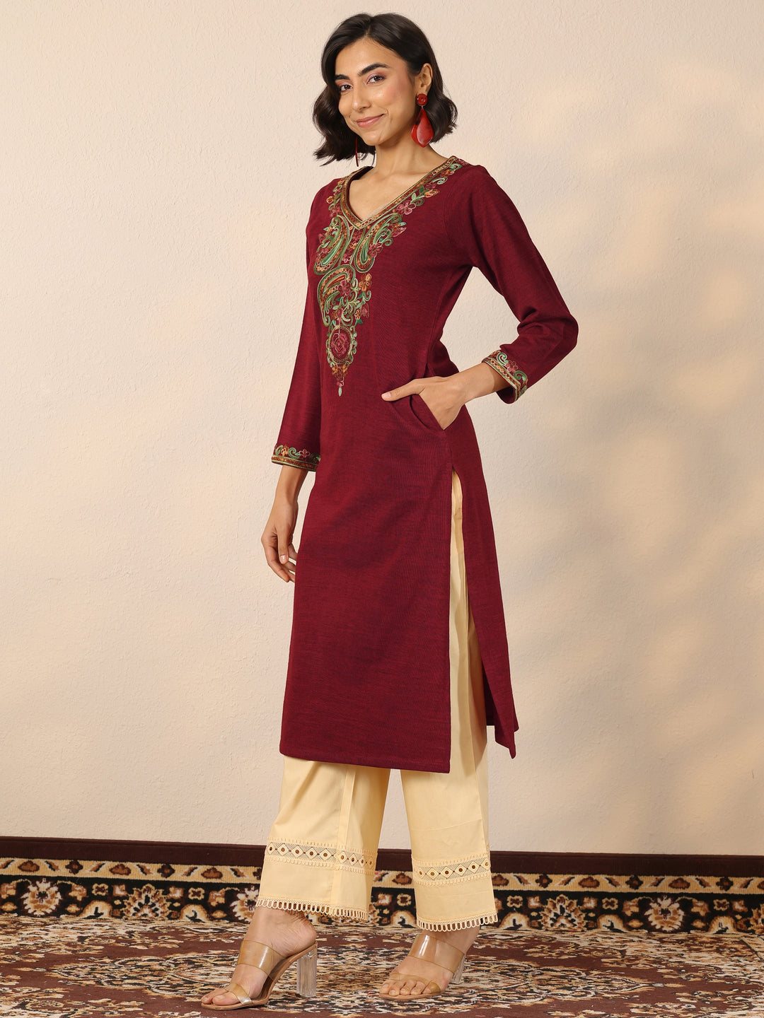Red Embroidered Wool Straight Kurta