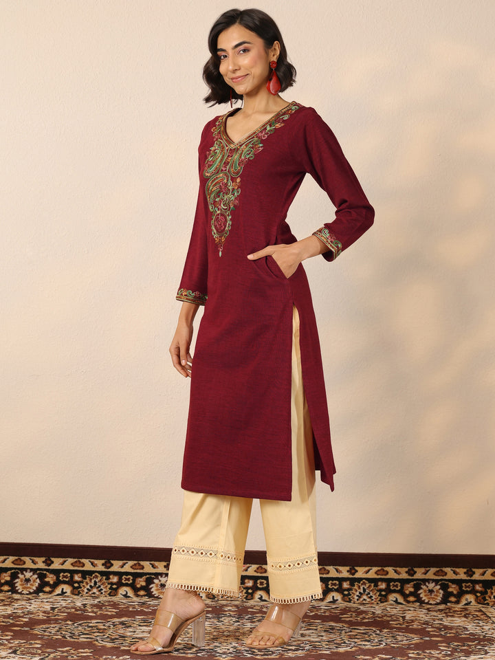 Red Embroidered Wool Straight Kurta