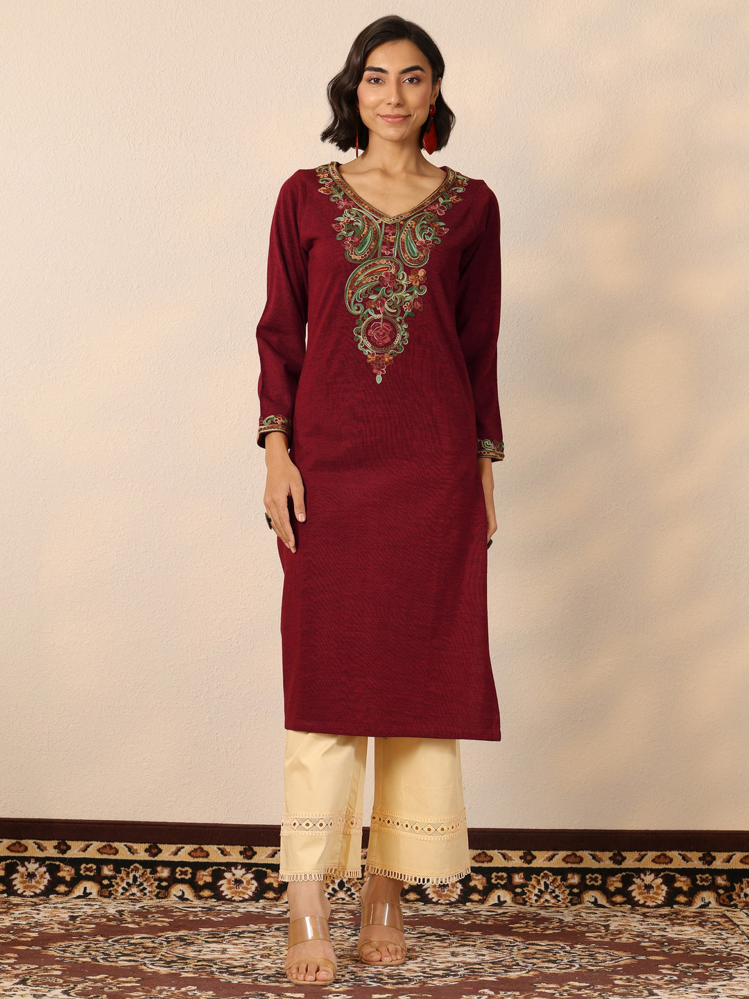 Red Embroidered Wool Straight Kurta