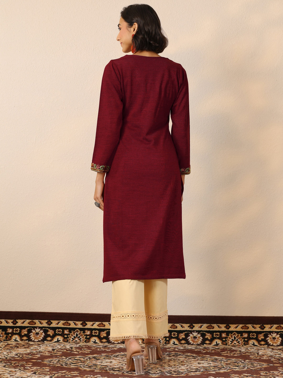 Red Embroidered Wool Straight Kurta
