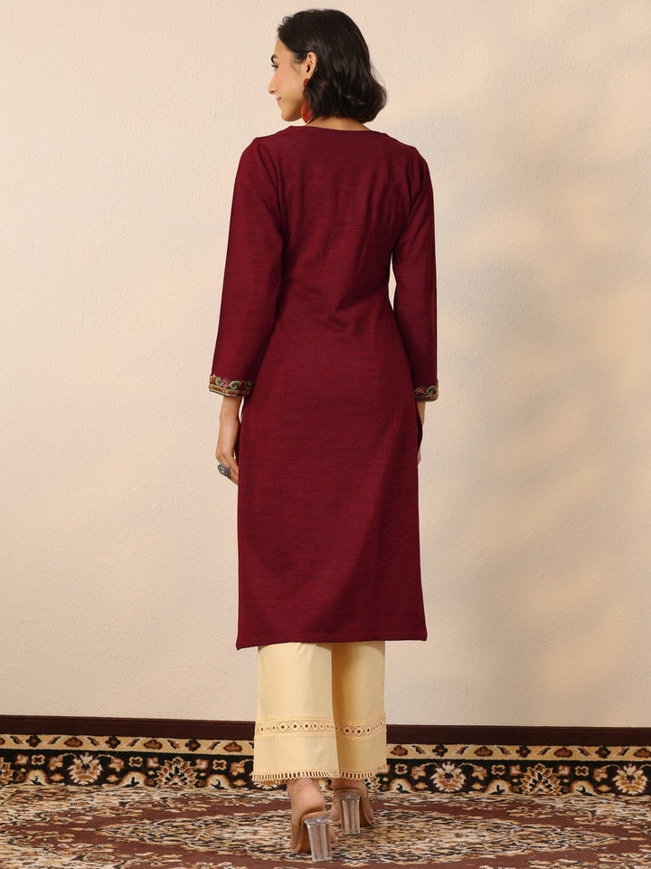 Red Embroidered Wool Straight Kurta