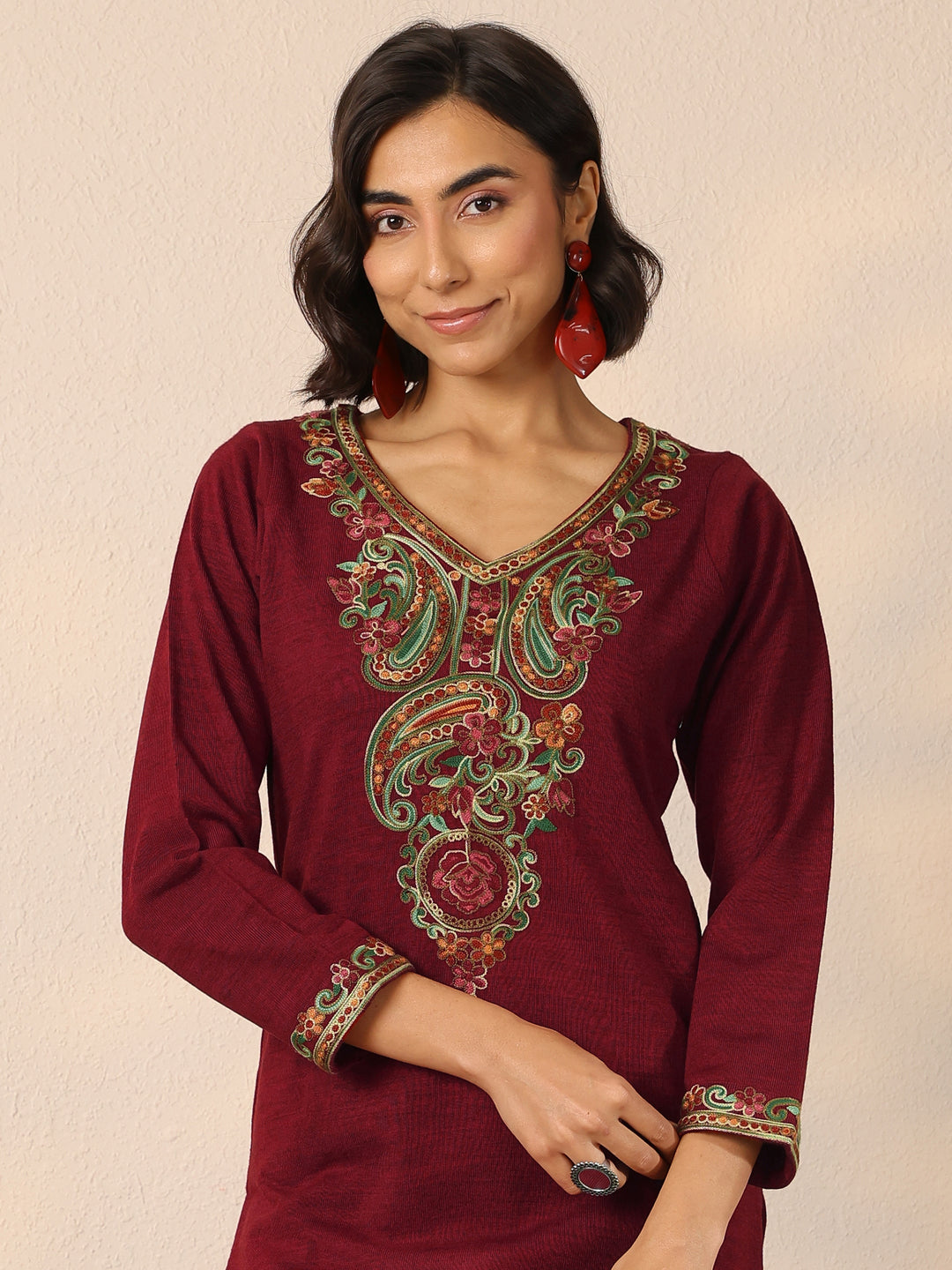 Red Embroidered Wool Straight Kurta