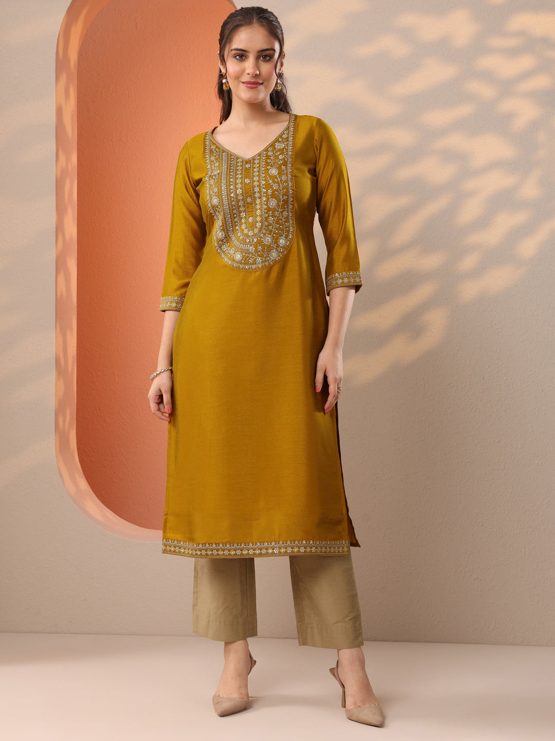 Mustard Embroidered Silk Blend Straight Kurta