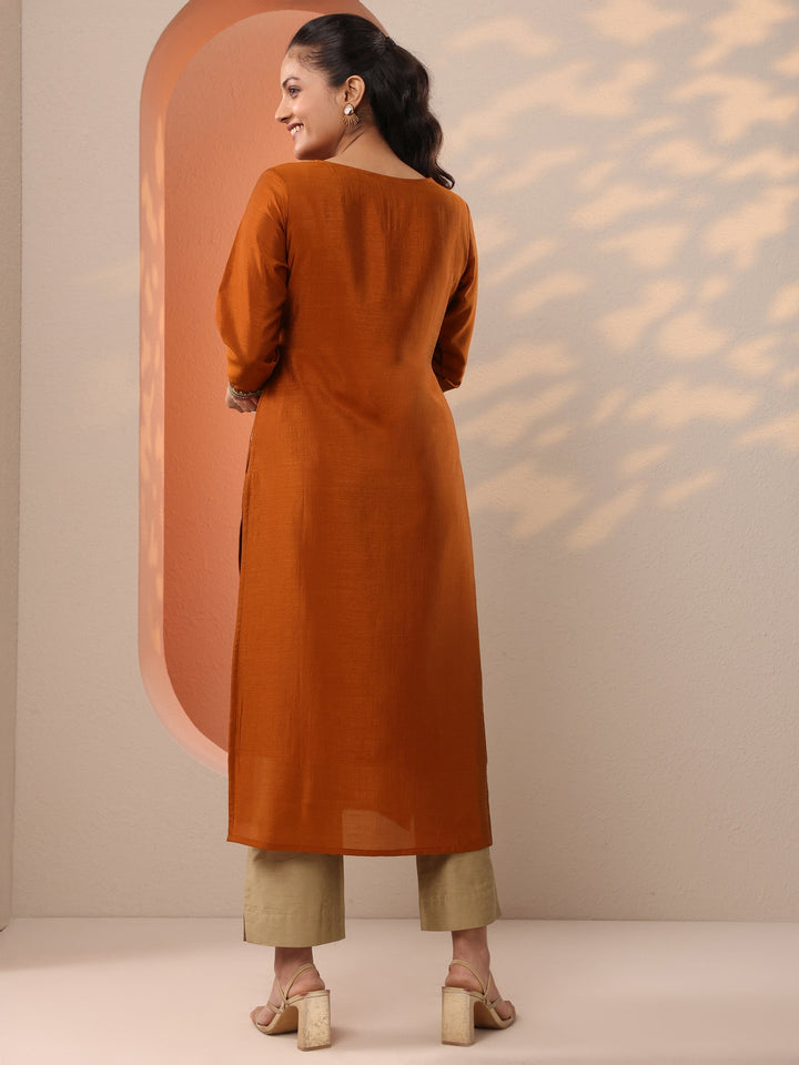 Rust Embroidered Silk Blend Straight Kurta