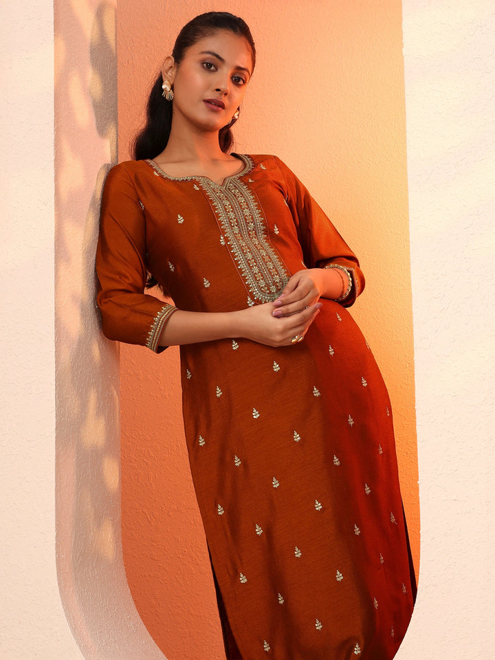 Rust Embroidered Silk Blend Straight Kurta