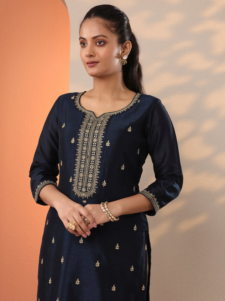 Navy Blue Embroidered Silk Blend Straight Kurta