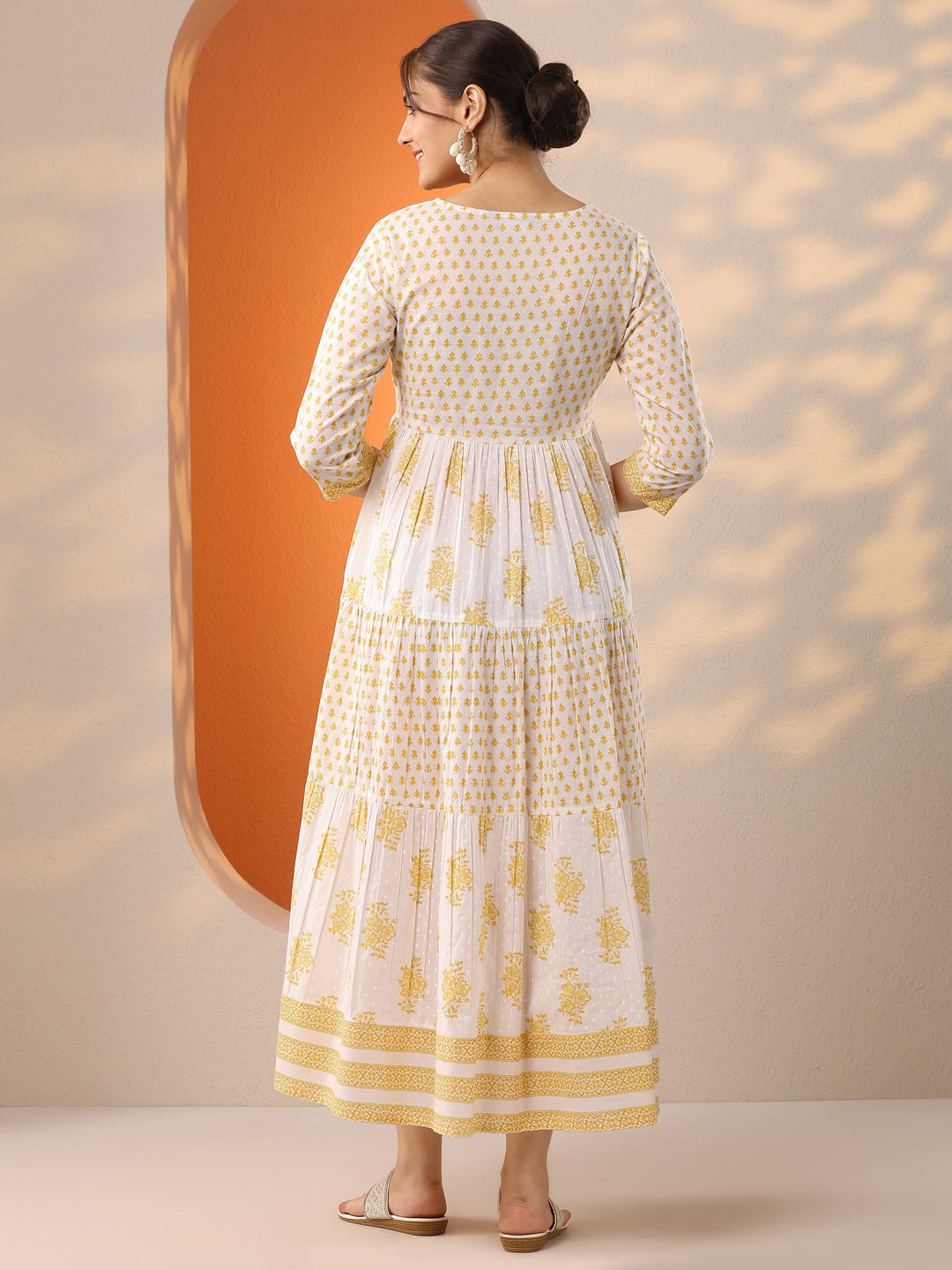 White Printed Cotton Fit And Flare One Piece Dress
