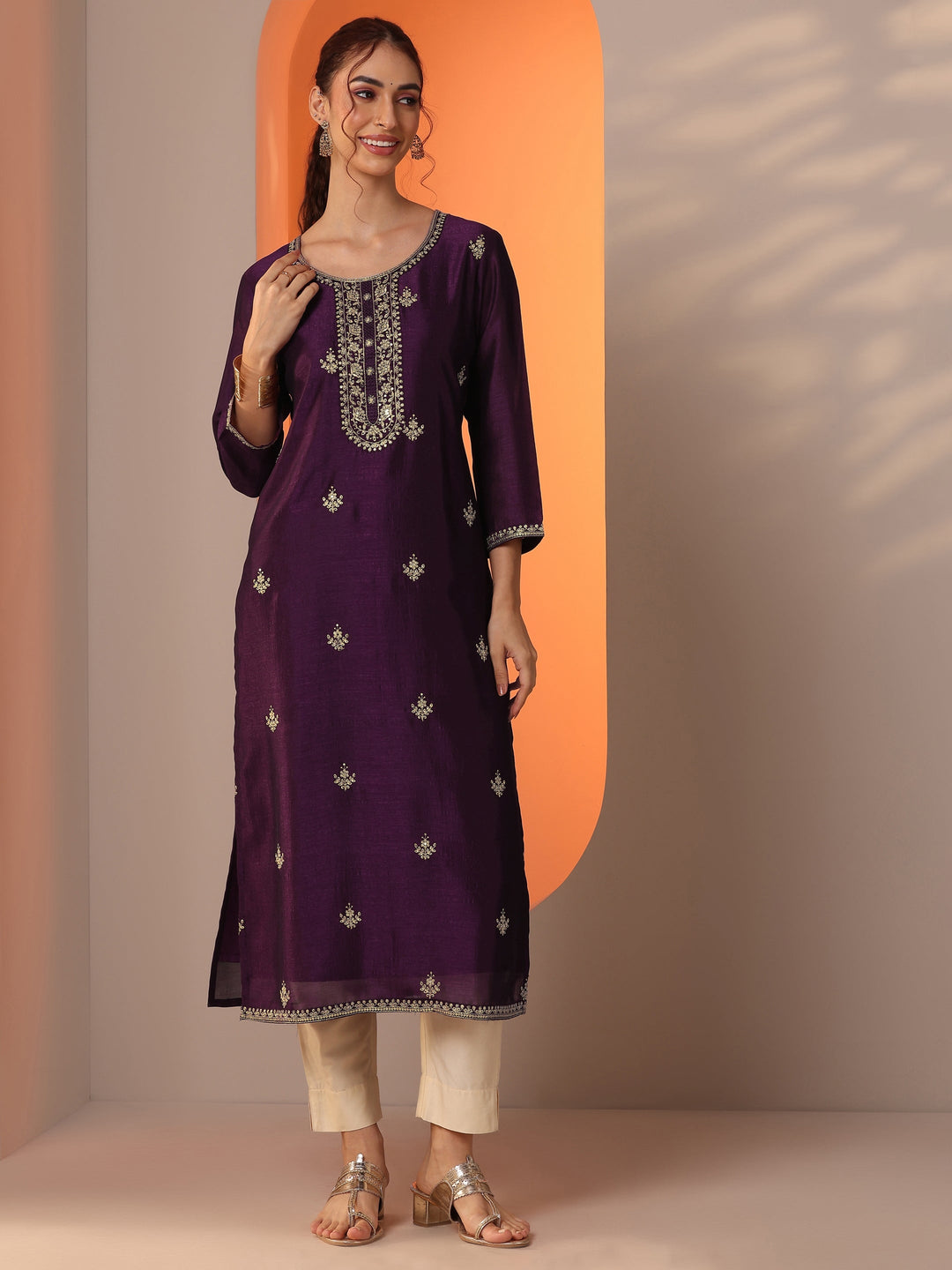 Burgundy Embroidered Silk Blend Straight Kurta