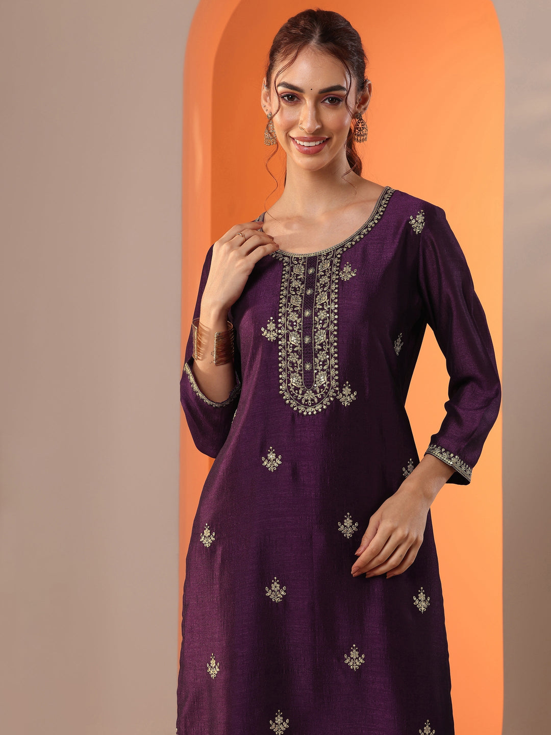 Burgundy Embroidered Silk Blend Straight Kurta