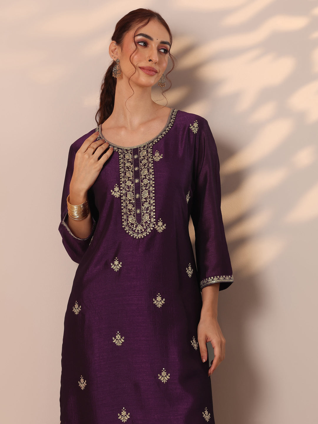 Burgundy Embroidered Silk Blend Straight Kurta