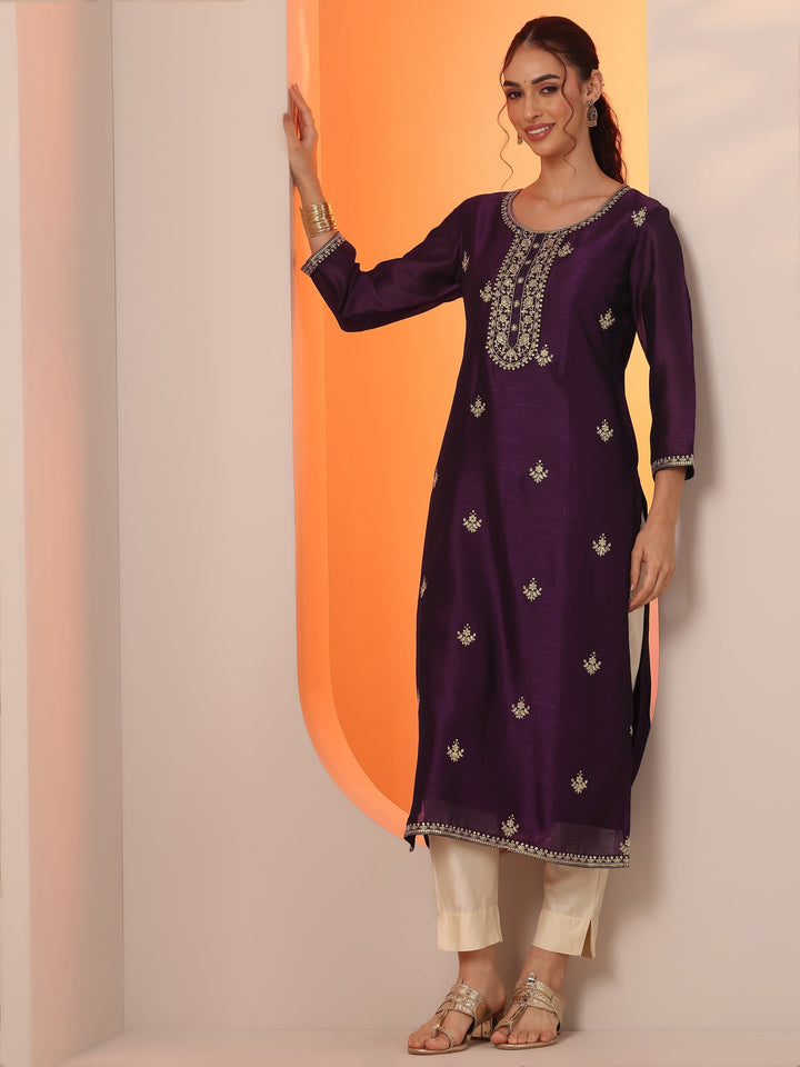 Burgundy Embroidered Silk Blend Straight Kurta