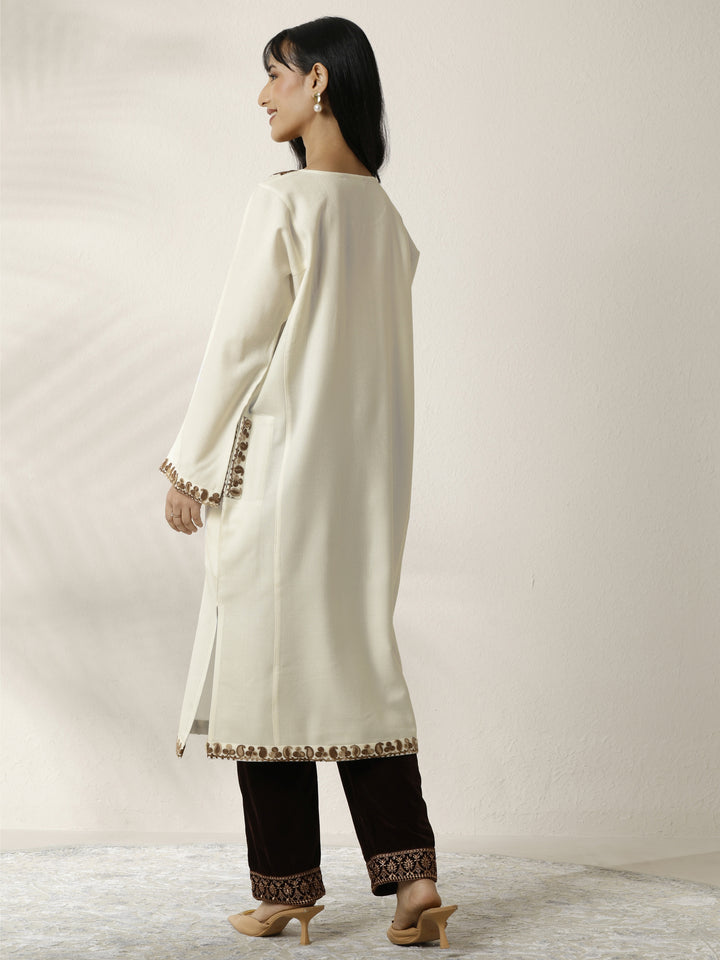 White Embroidered Wool Straight Kurta