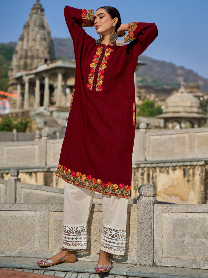 Maroon Floral Embroidered Wool Straight Kurta