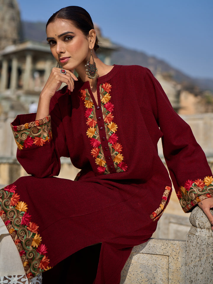 Maroon Floral Embroidered Wool Straight Kurta