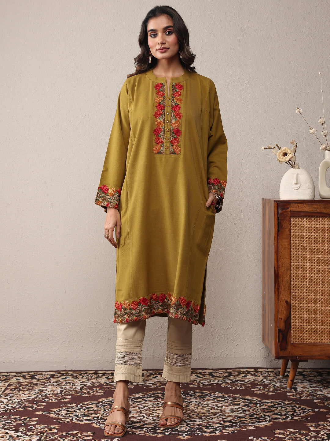 Mustard Floral Embroidered Wool Straight Kurta