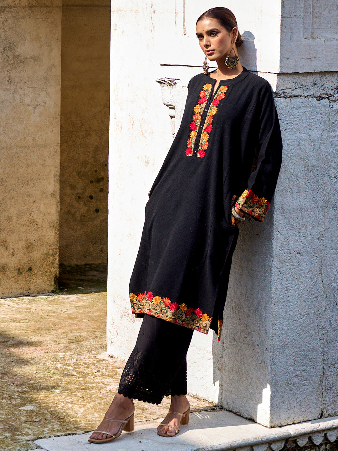 Black Floral Embroidered Wool Straight Kurta