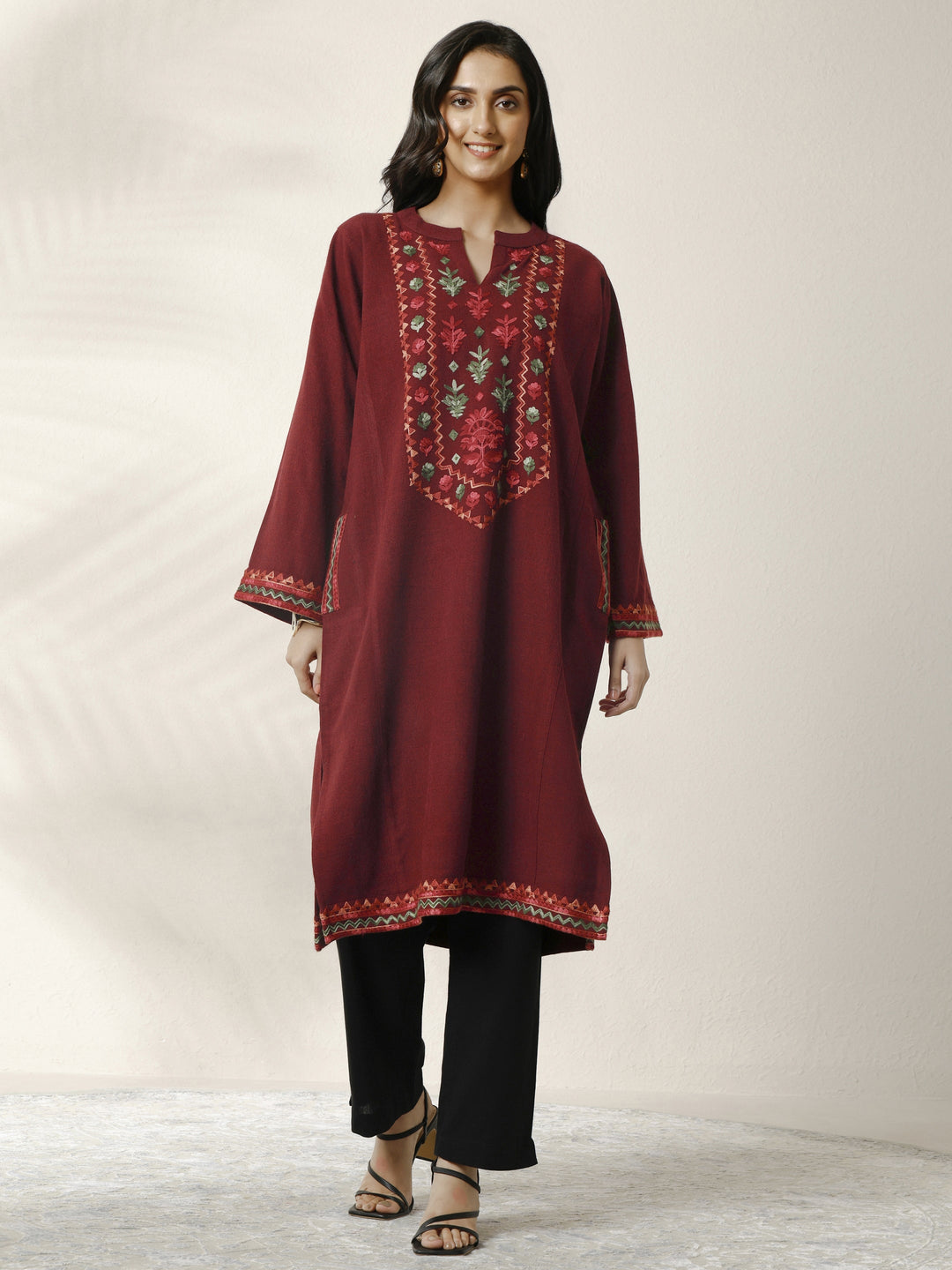 Maroon Embroidered Wool Straight Kurta