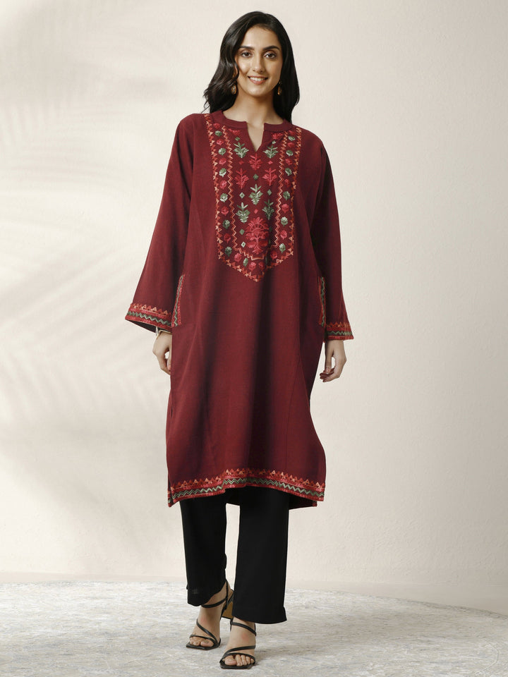 Maroon Embroidered Wool Straight Kurta