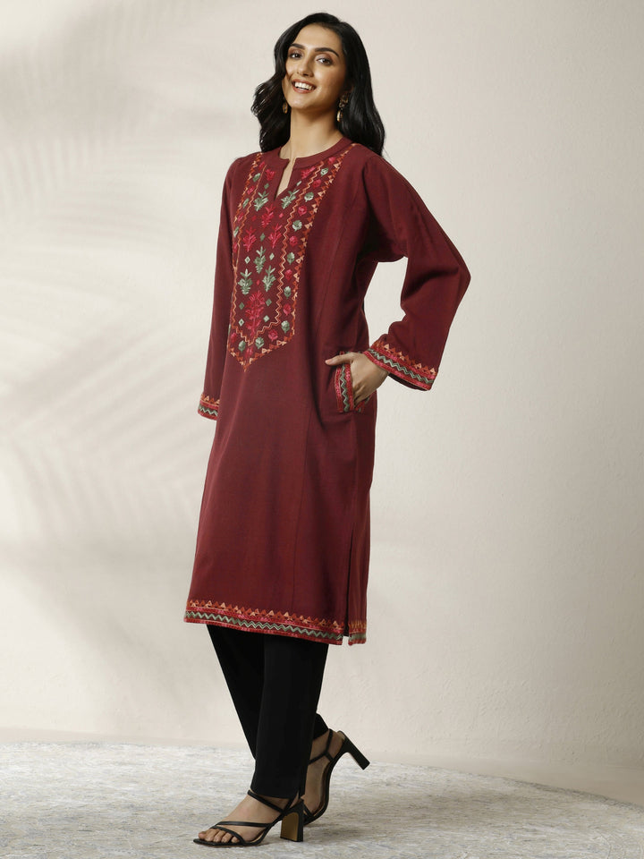 Maroon Embroidered Wool Straight Kurta