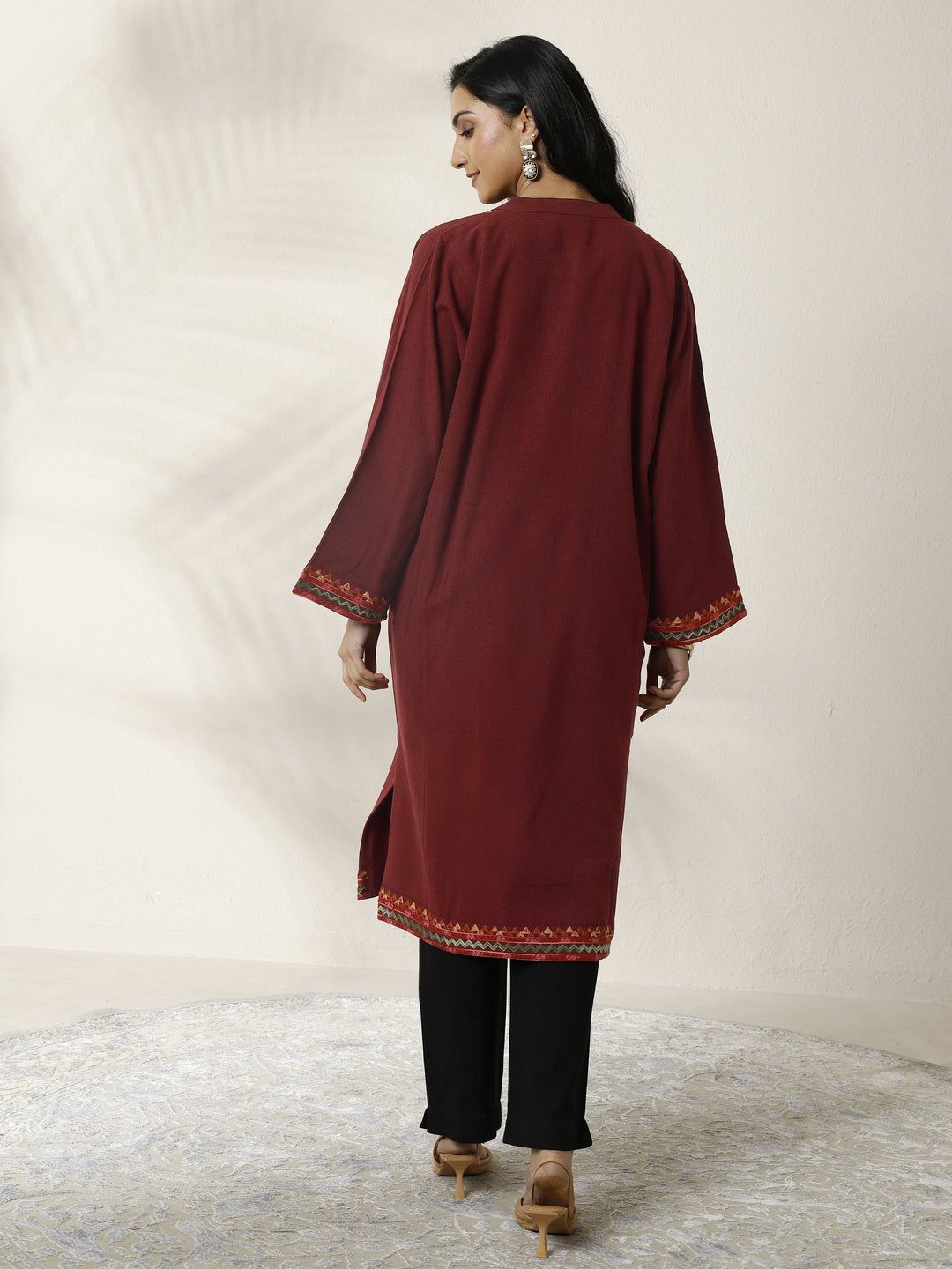 Maroon Embroidered Wool Straight Kurta