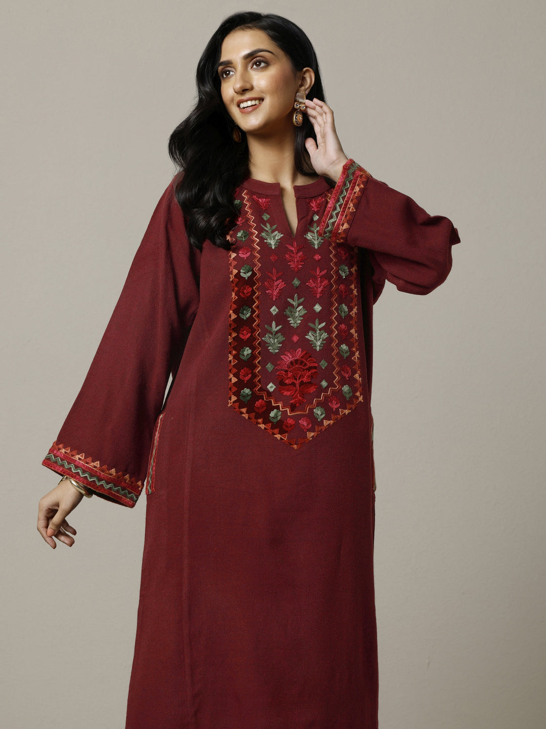 Maroon Embroidered Wool Straight Kurta