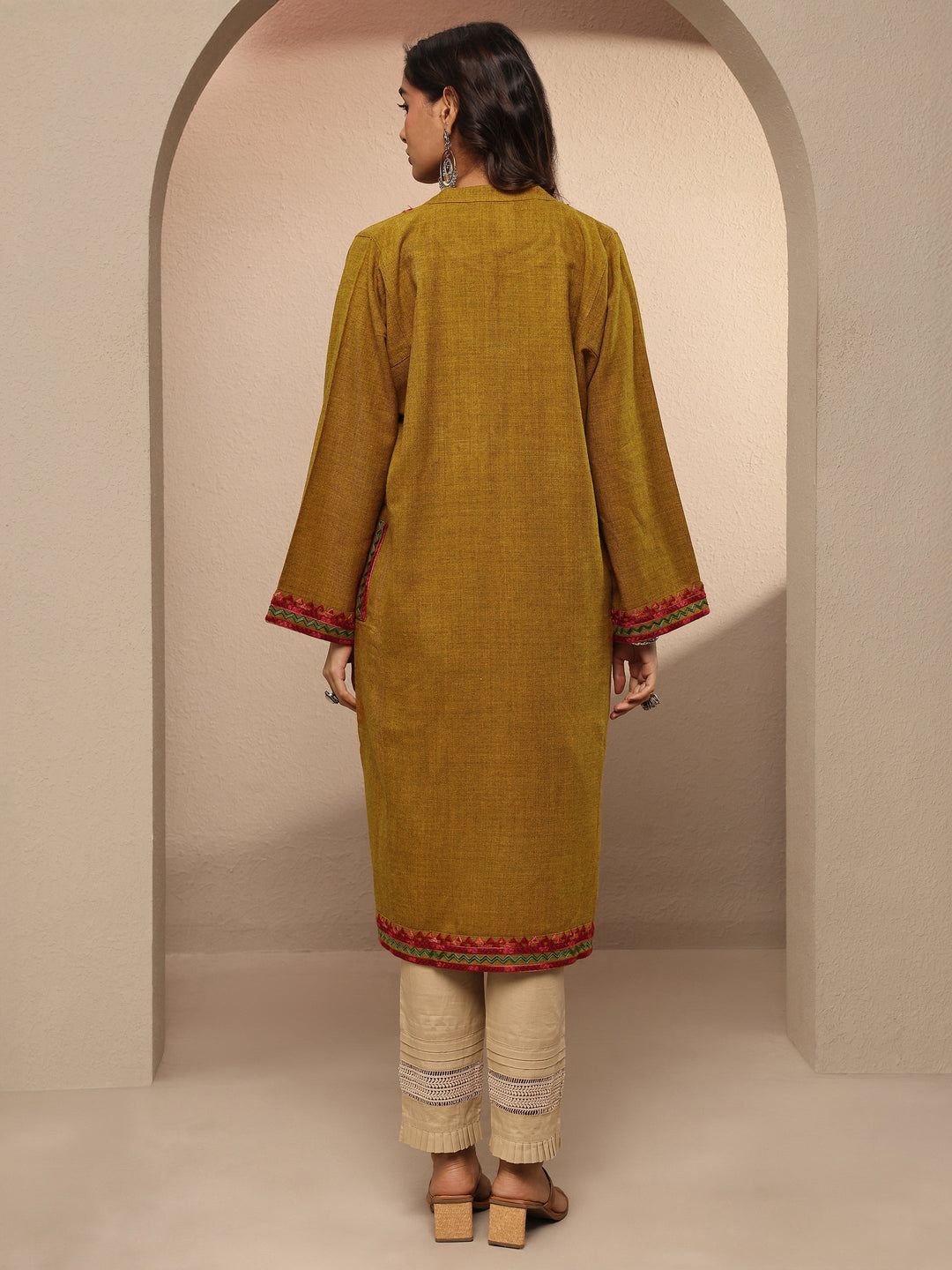 Mustard Embroidered Wool Straight Kurta