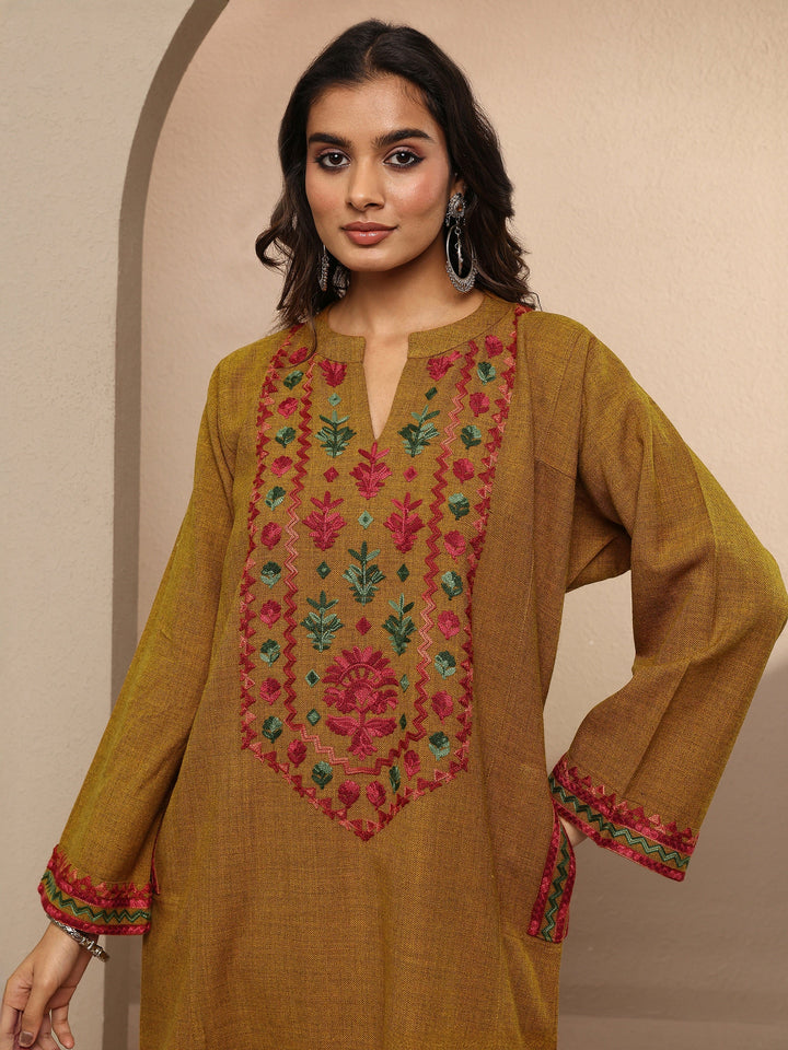 Mustard Embroidered Wool Straight Kurta