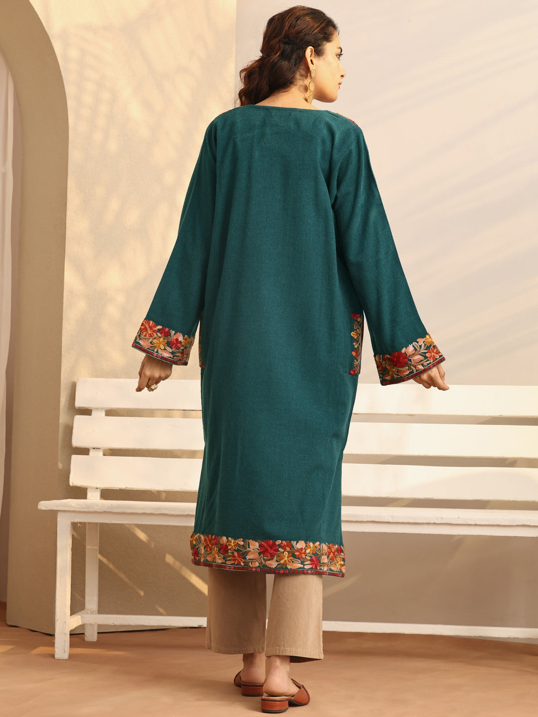 Green Embroidered Wool Straight Kurta