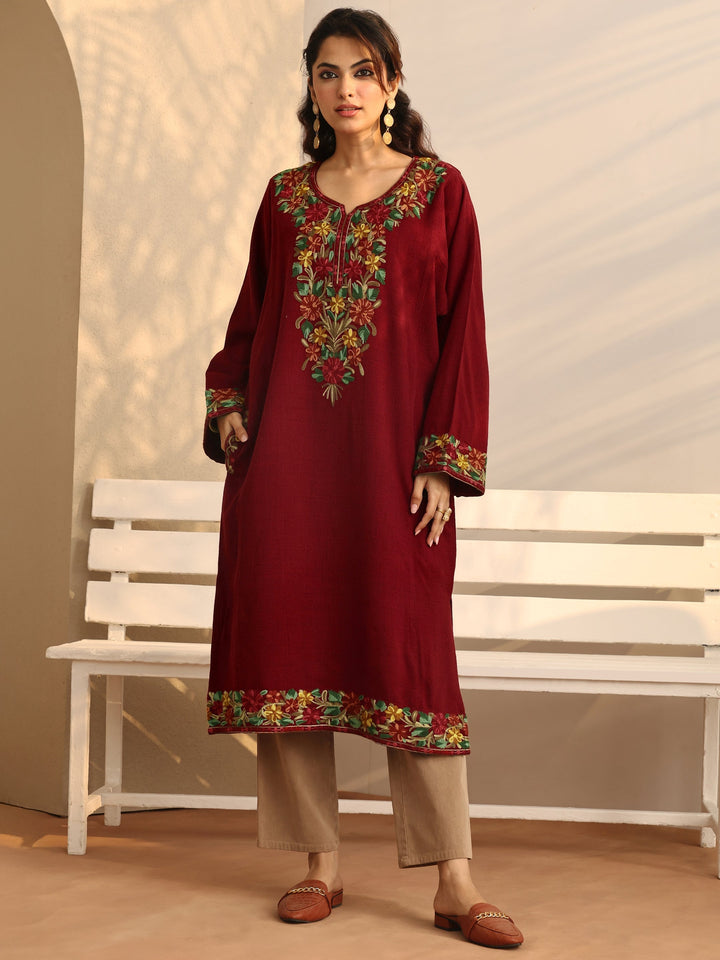 Red Embroidered Wool Straight Kurta