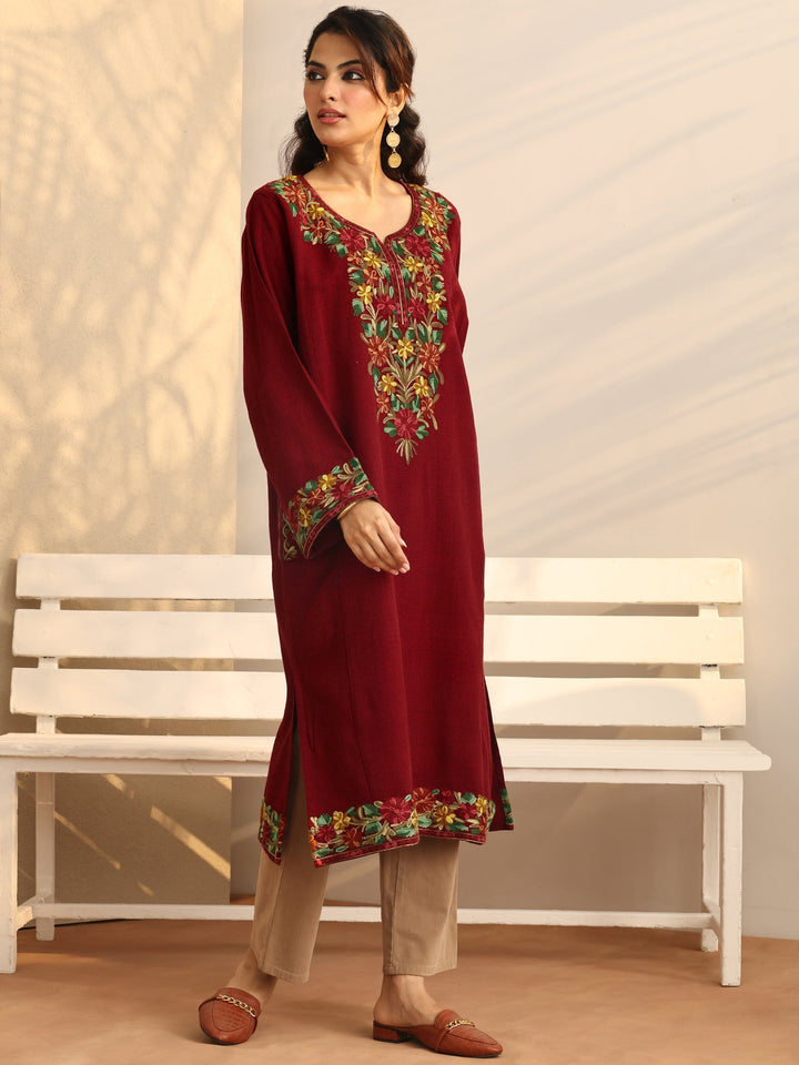 Red Embroidered Wool Straight Kurta