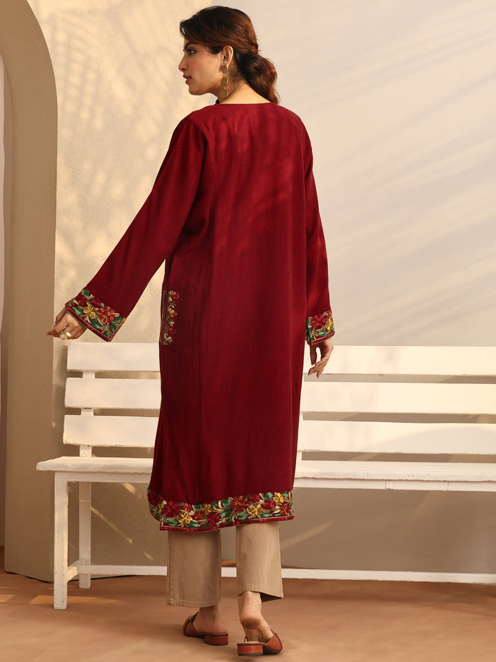 Red Embroidered Wool Straight Kurta
