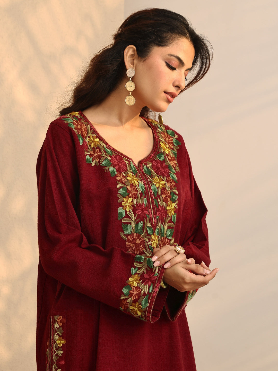 Red Embroidered Wool Straight Kurta